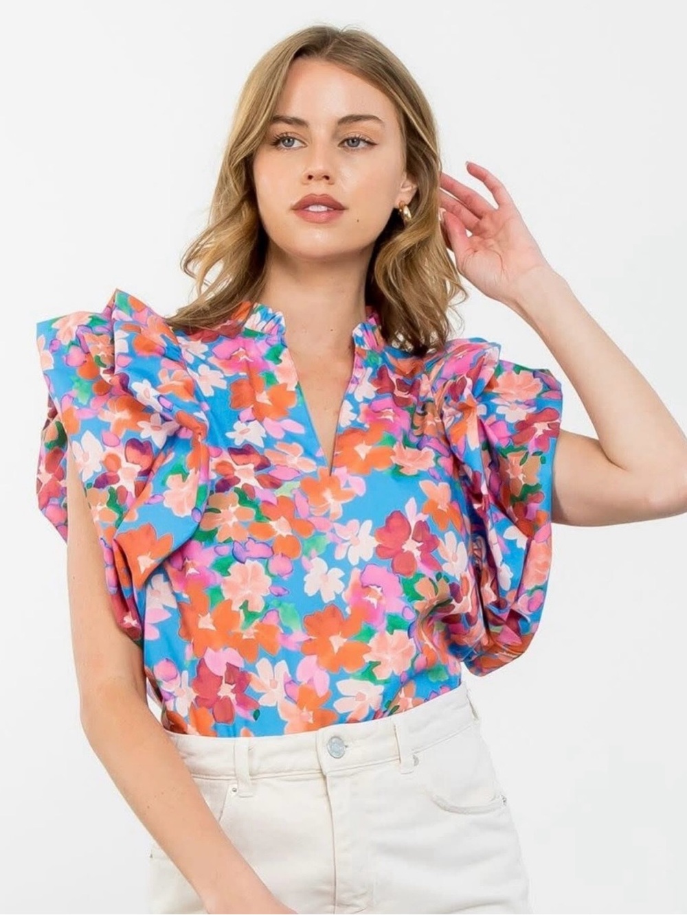 THML Ashley Floral Vibrant Ruffle Sleeve Blouse - garden party - size small